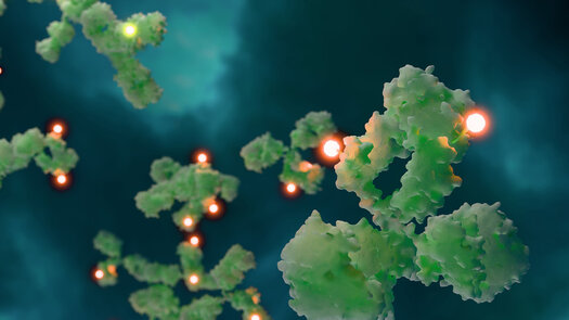  3D illustration of multiple green antibody structures with attached glowing orange spheres representing drug molecules, floating against a dark teal background. 