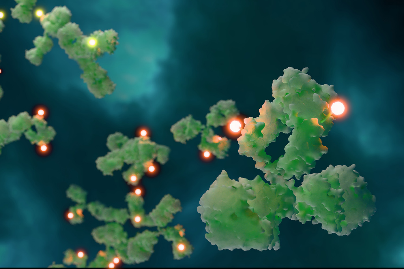 3D illustration of multiple green antibody structures with attached glowing orange spheres representing drug molecules, floating against a dark teal background.