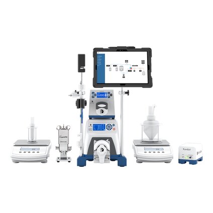 Repligen KrosFlo KR2i bioprocessing system with Mettler Toledo scales, FlowVPX inline detector, and Konduit controller, showing a tablet-based P&ID interface for process control 