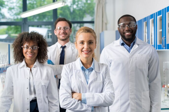 A diverse team of smiling bioprocessing scientists and laboratory engineers in white lab coats and safety goggles standing in a modern life sciences research facility. 
