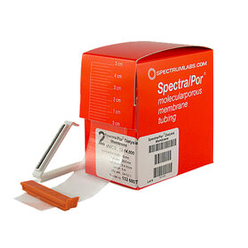 Spectra/Por standard grade regenerated cellulose (RC) dry rolled dialysis tubing used for economical, general‑purpose dialysis applications with large molecular weight separation.