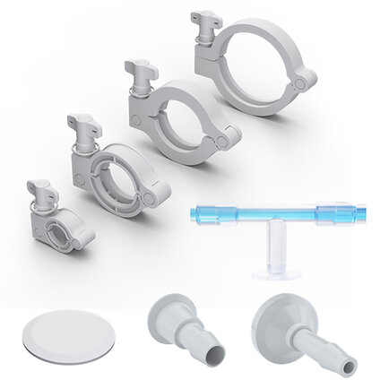 Single‑use bioprocessing connectivity components including sanitary clamps, tubing connectors, and fluid handling interfaces.