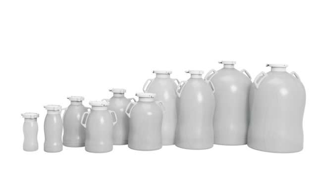 Single-use polypropylene bottles and carboys designed for bioprocessing, available in sizes from 1 liter to 50 liter with customizable handles, ports, and dip tubes. 