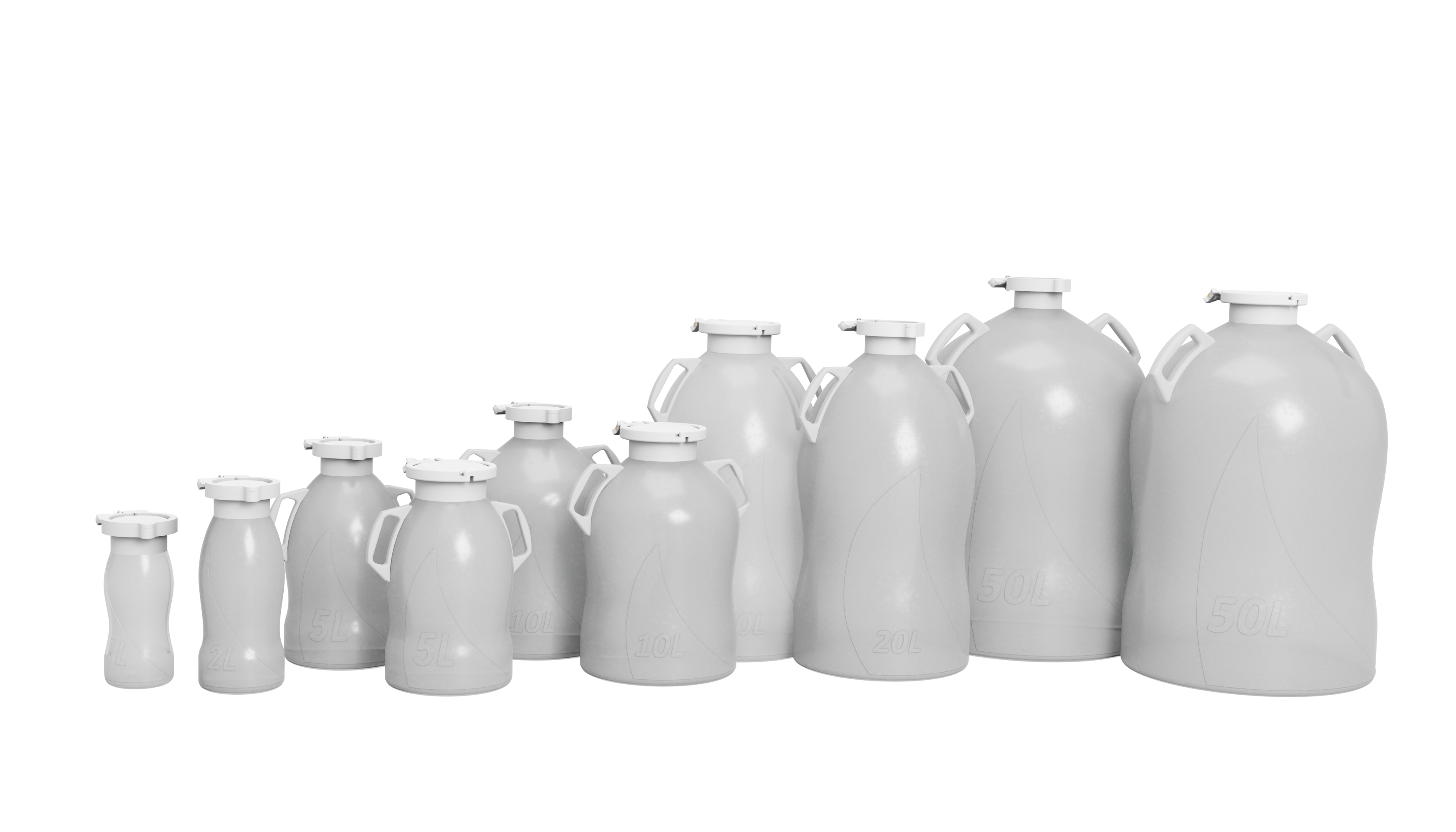 Single-use polypropylene bottles and carboys designed for bioprocessing, available in sizes from 1 liter to 50 liter with customizable handles, ports, and dip tubes.