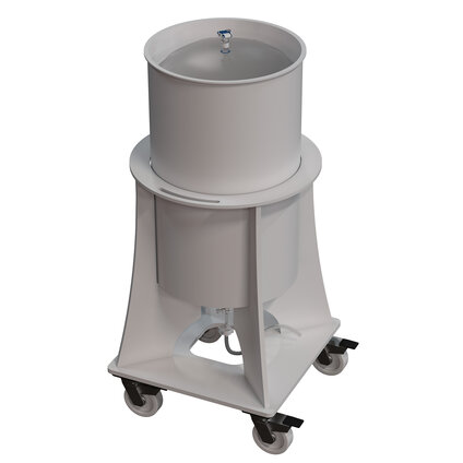A round 200L drum on casters with custom 3D bag inside with top and bottom ports, a custom fabricated cylindrical containment solution.