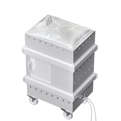 A large polypropylene bioprocess tote with a custom 3D bag inside with top and bottom ports.