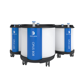 Repligen OPUS pre‑packed chromatography columns shown in multiple sizes, designed for scalable downstream protein purification and bioprocessing applications.