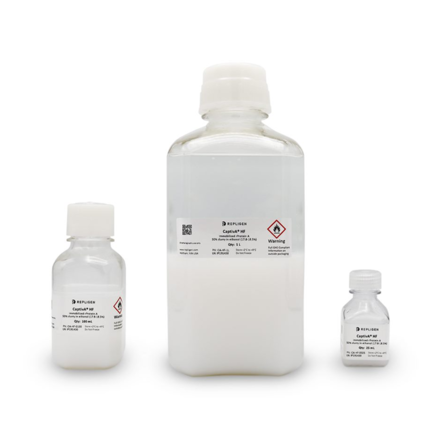 Three bottles of Repligen CaptivA® HF solution displayed in different sizes against a white background.