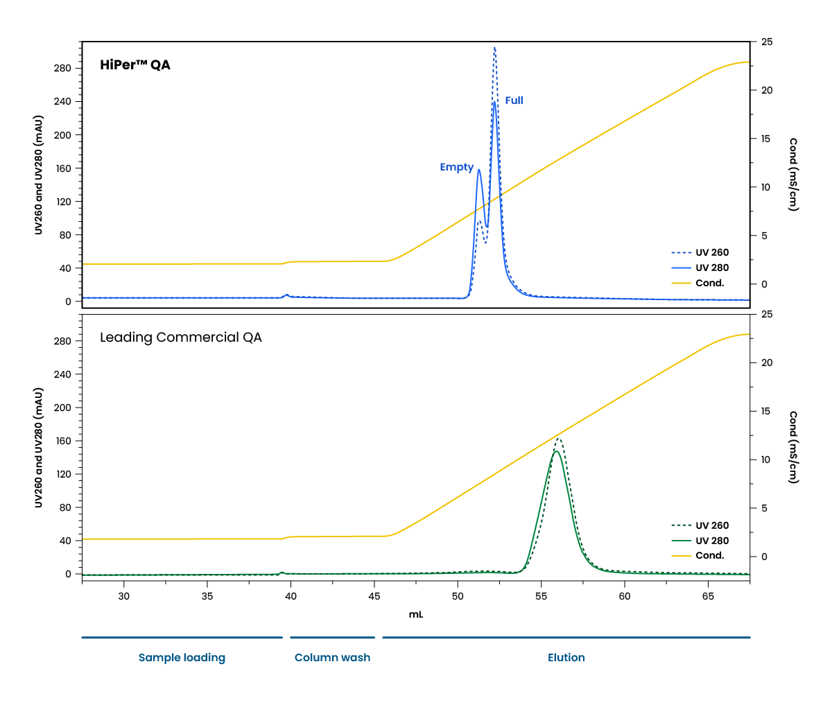 The HiPer™ QA resin was tested against a leading commercial QA resin for polish. The AAV8 capsids were first bound during the loading step. Empty and full capsids were sequentially eluted as conductivity increased during the elution step. In contrast, the commercial resin did not successfully separate empty and full capsids, instead resulting in co-elution.