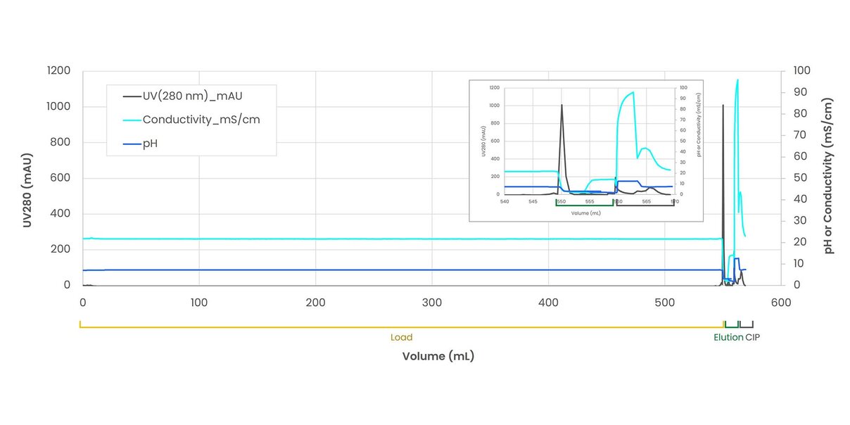 Chromatography process profile showing UV absorbance at 280 nm, conductivity, and pH plotted against volume (0-600 mL). UV signal remains near baseline during the load phase and displays a sharp elution peak around 550-560 mL. Conductivity and pH remain stable through loading, then increase during elution and CIP. An inset zoom highlights the elution region and corresponding changes in conductivity and pH.