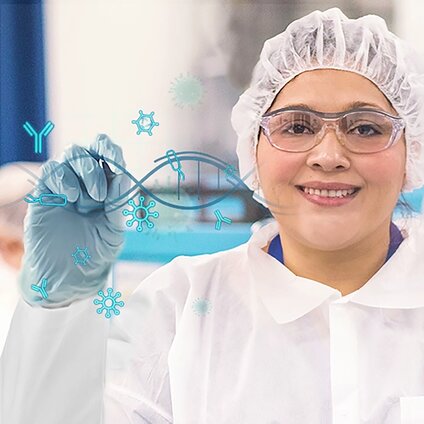 Bioprocessing scientist in a cleanroom environment illustrating gene therapy and molecular analytics workflows.