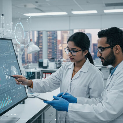 Researchers reviewing laboratory data analytics and visual dashboards on a digital workstation.
