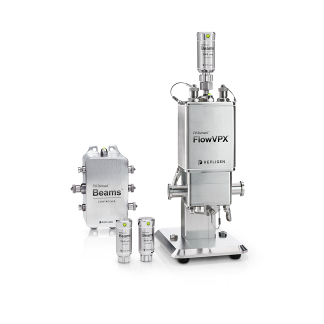 Repligen PATsmart FlowVPX system with Beams controller and UV light sources for in‑line process analytical technology measurements.