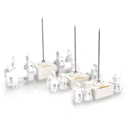 Repligen FlowVPX single‑use flow cells aligned in a row, designed for in‑line UV process analytical technology measurements.
