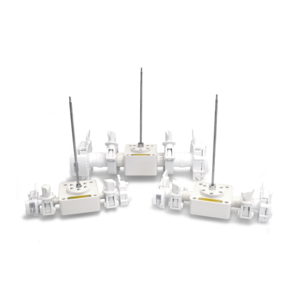 Repligen FlowVPX single‑use flow cells (SUFC) shown in multiple sizes for in‑line UV process analytical technology measurements.
