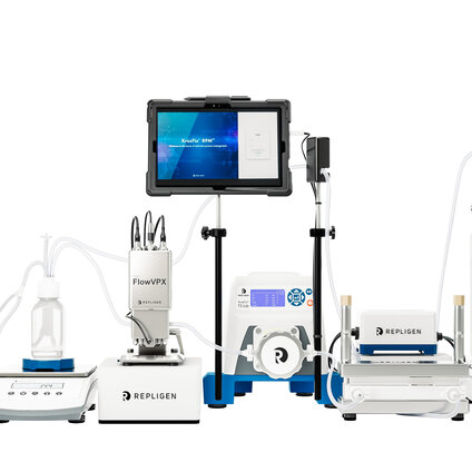 Repligen KrosFlo RPM system with FS15 tangential flow filtration module and FlowVPX sensor for real‑time process monitoring.