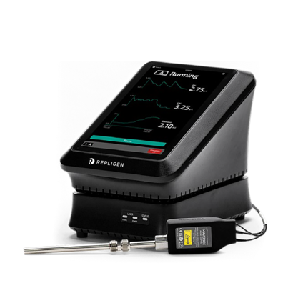 Repligen MAVERICK benchtop Raman analyzer with touchscreen interface and probe for real‑time bioprocess monitoring.