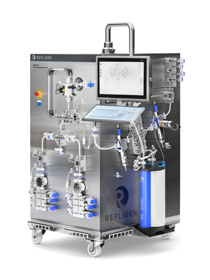Repligen KRM 10 chromatography system with an integrated touchscreen interface and an OPUS 20 pre-packed column