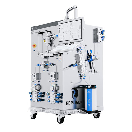 Repligen KRM Chromatography System featuring a stainless steel industrial design, integrated touchscreen interface, and OPUS 25 pre-packed chromatography column for automated downstream bioprocessing 