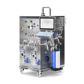 Repligen KRM 10 Chromatography System featuring an integrated OPUS 20 pre-packed column and dual-screen digital interface for automated large-scale protein purification and downstream bioprocessing.