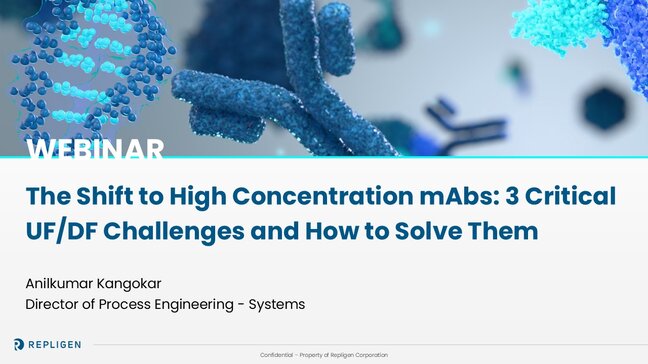 Webinar slide showing “The Shift to High Concentration mAbs: 3 Critical UF/DF Challenges and How to Solve Them,” featuring molecular graphics and presenter information from Repligen.