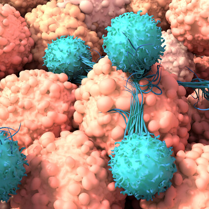 Close-up of aqua blue and light pink molecules (car-t cells)