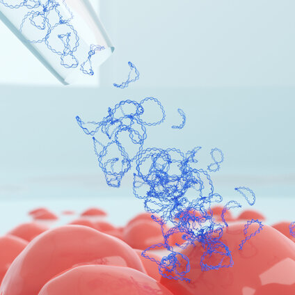 Close-up of pipette dispensing purple fluid onto red molecules (plasmid DNA transfection)
