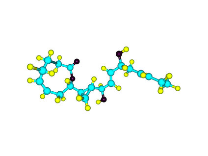 3D molecular structure visualization of amino acids and metabolites analyzed using mass spectrometry techniques.
