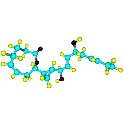 3D molecular structure visualization of amino acids and metabolites analyzed using mass spectrometry techniques.