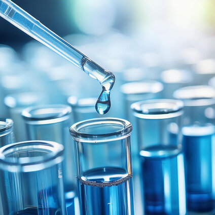 Laboratory pipette dispensing liquid into glass sample vials for analytical testing and experimental workflows.